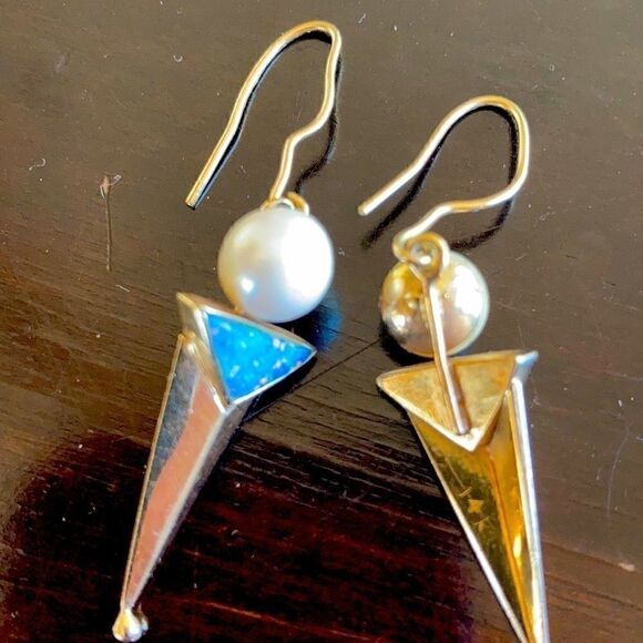 Vintage Gold Earrings Genuine 14K Gold Real Pearl Genuine Opal Artisan Earrings - Picture 2 of 16